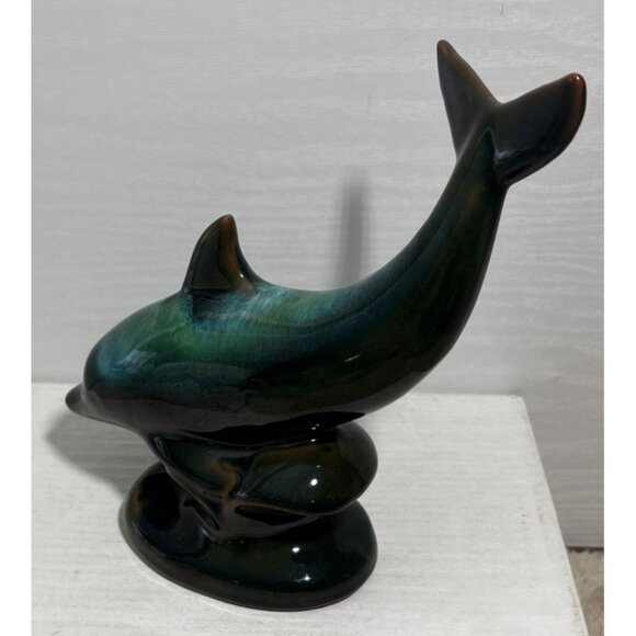 Blue Mountain Pottery Dolphin Figurine 6.75" Tall Green Black Drip Glaze - Picture 3 of 7